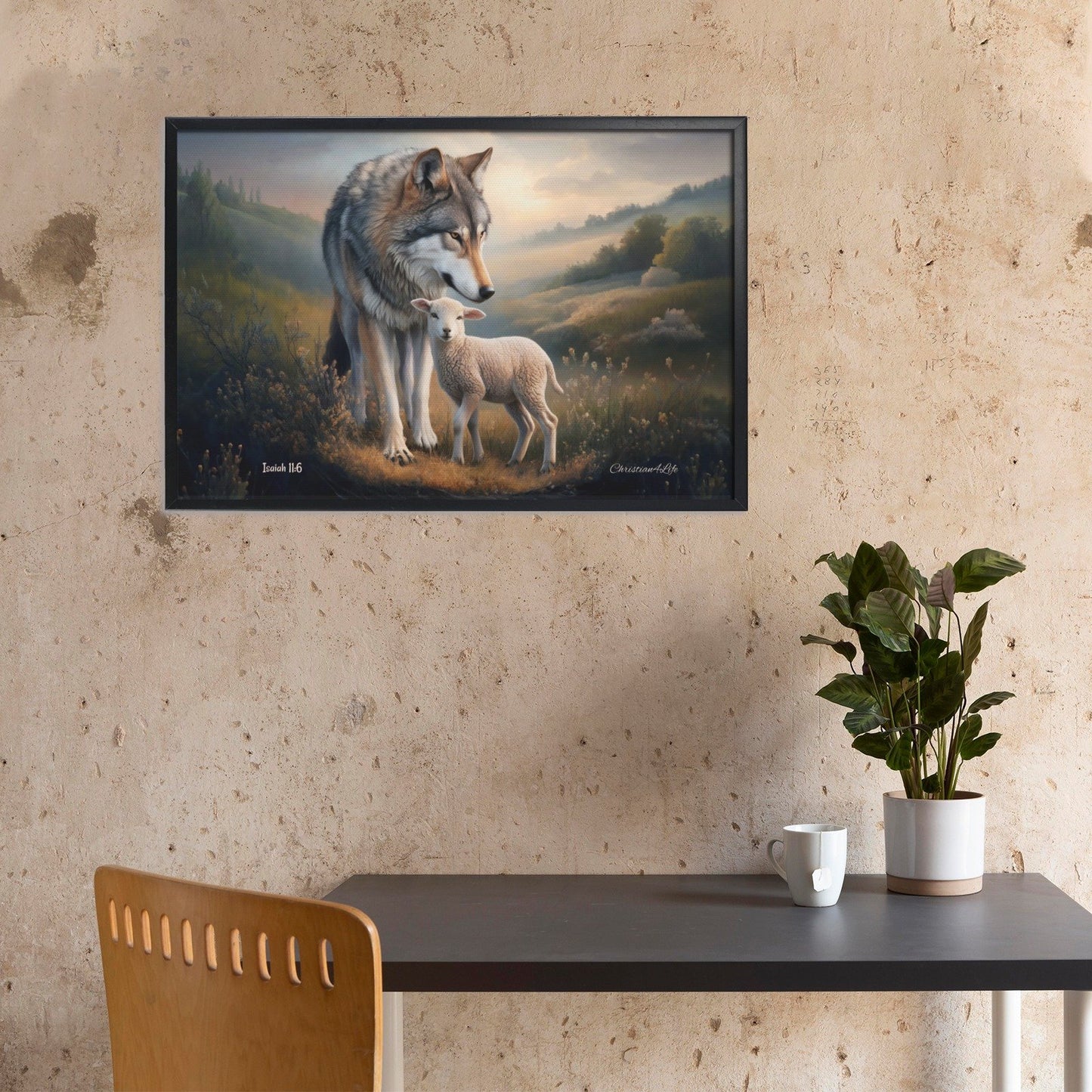Framed- Wolf and Lamb, Christian Wall Art, Black Framed Canvas Print, Isaiah 11:6