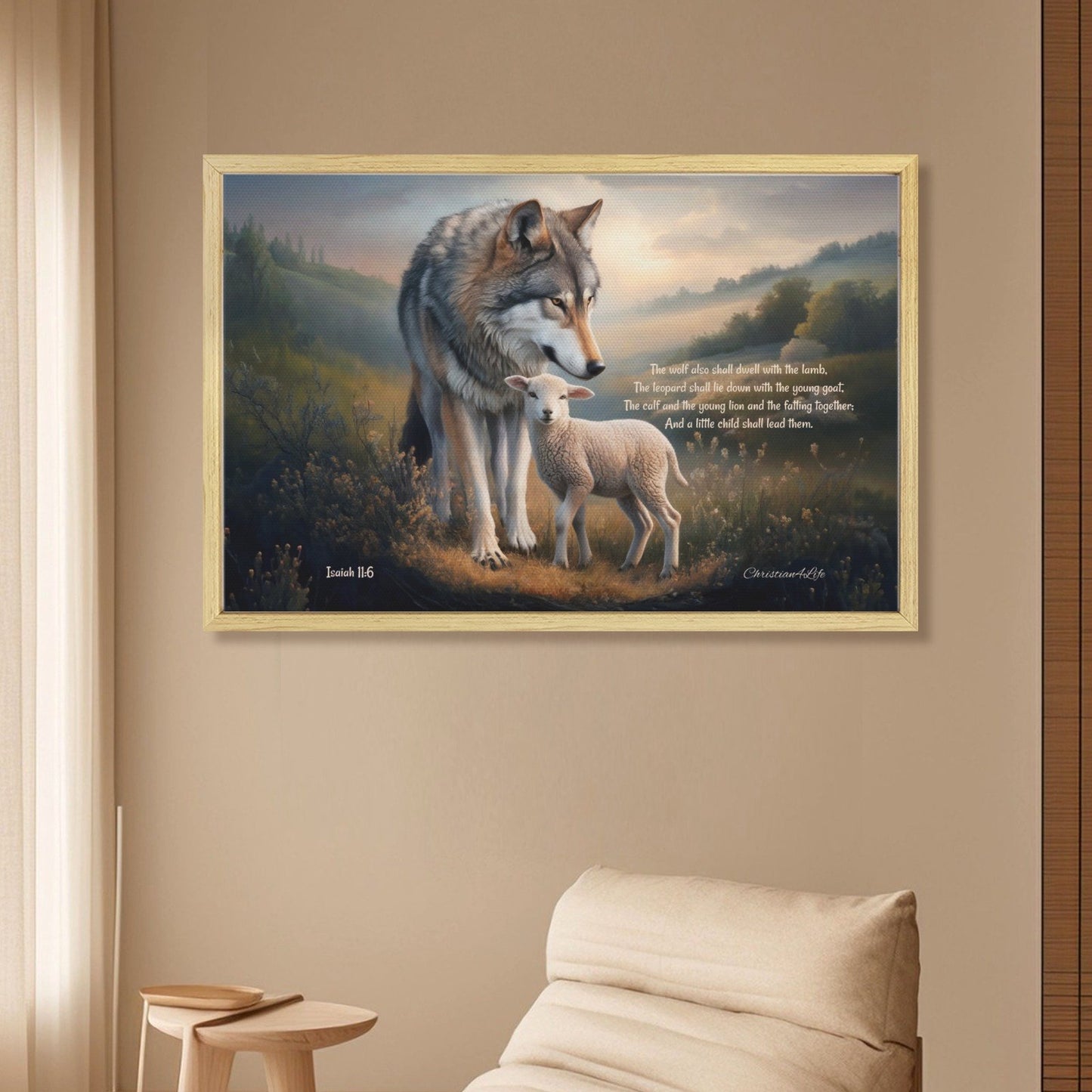 Wolf and Lamb with Isaiah 11:6 Quote, Christian Canvas, Wooden Frame