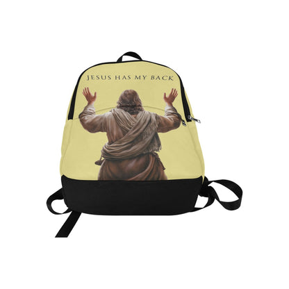 Backpack with a graphic of Jesus with arms outstretched and 'Jesus Has My Back' text on a yellow background.