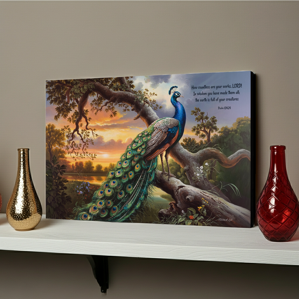 Beautiful Peacock canvas art print - with Psalm 104:24 quote - classic and elegant Peacock art