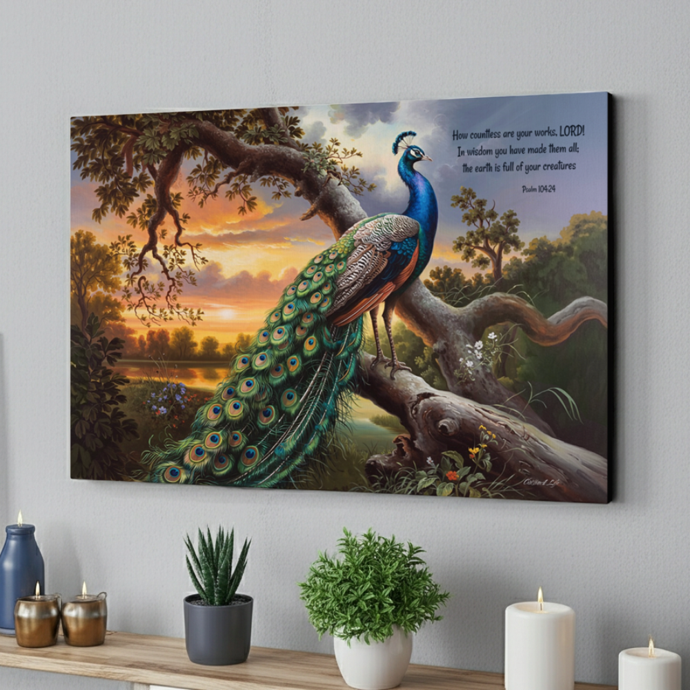 Beautiful Peacock canvas art print - with Psalm 104:24 quote - classic and elegant Peacock art