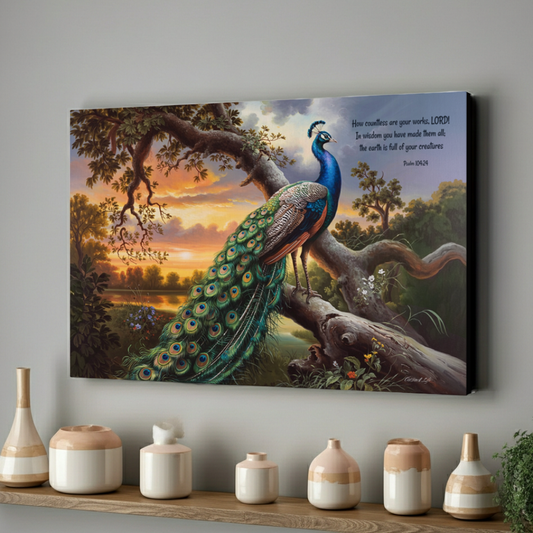 Beautiful Peacock canvas art print - with Psalm 104:24 quote - classic and elegant Peacock art