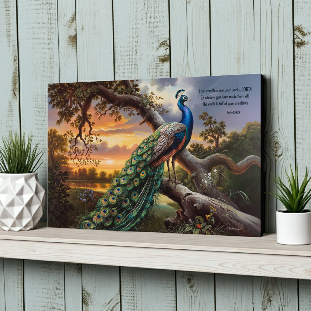 Beautiful Peacock canvas art print - with Psalm 104:24 quote - classic and elegant Peacock art