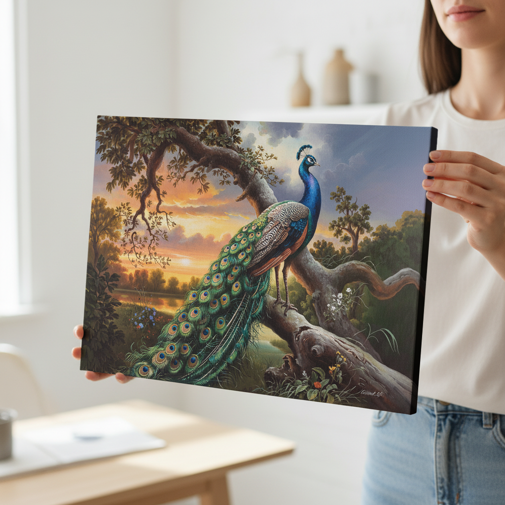 Person holding a painting of a peacock in a natural setting