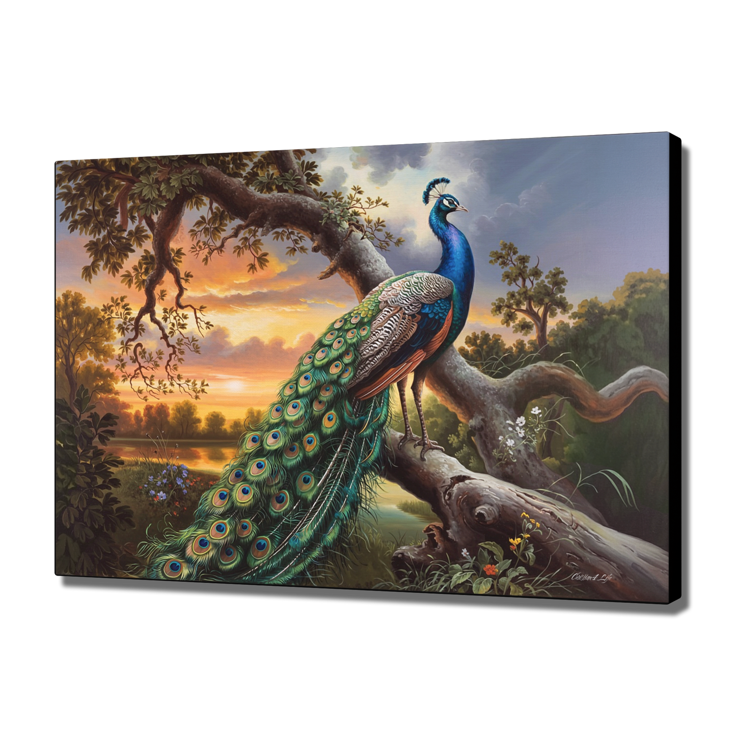 Painting of a peacock perched on a branch with a scenic background