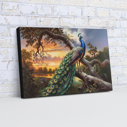 Canvas print of a peacock in a natural setting against a brick wall.