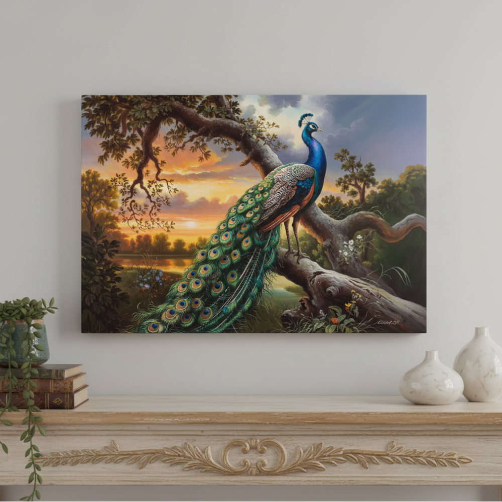 Painting of a peacock on a wall above a decorative shelf.