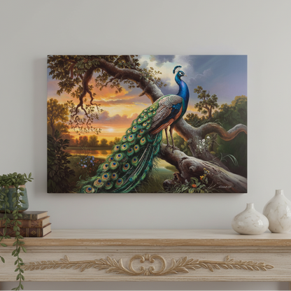 Painting of a peacock on a wall above a decorative shelf.