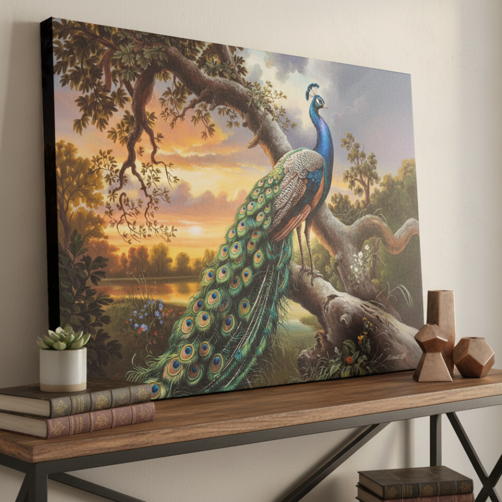 Framed artwork of a peacock in a natural setting on a wooden shelf.