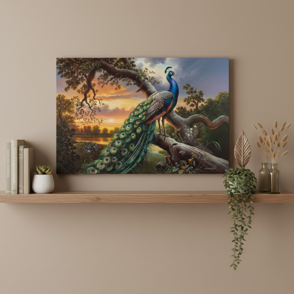 Framed painting of a peacock in a natural setting on a wall above a shelf with decorative items.