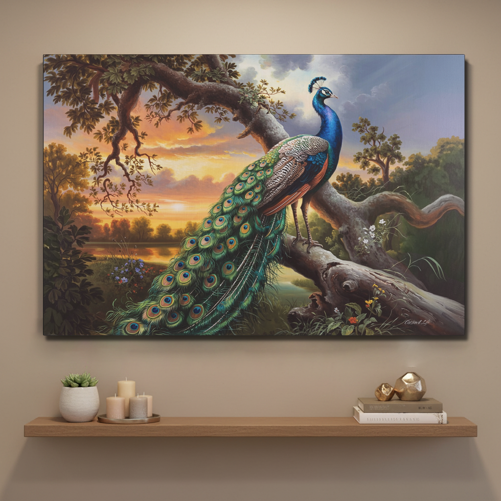 Peacock painting on a wall above a wooden shelf with decorative items.