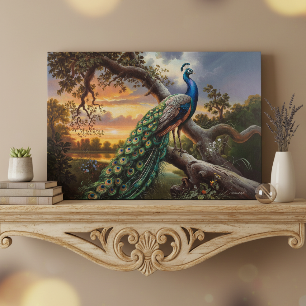 Painting of a peacock on a decorative shelf with a scenic background