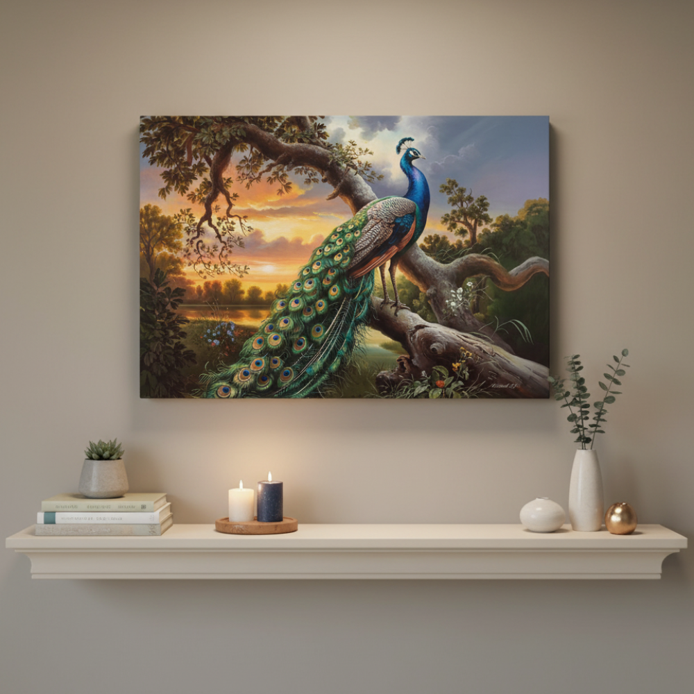 Peacock painting on a wall above a shelf with decorative items.