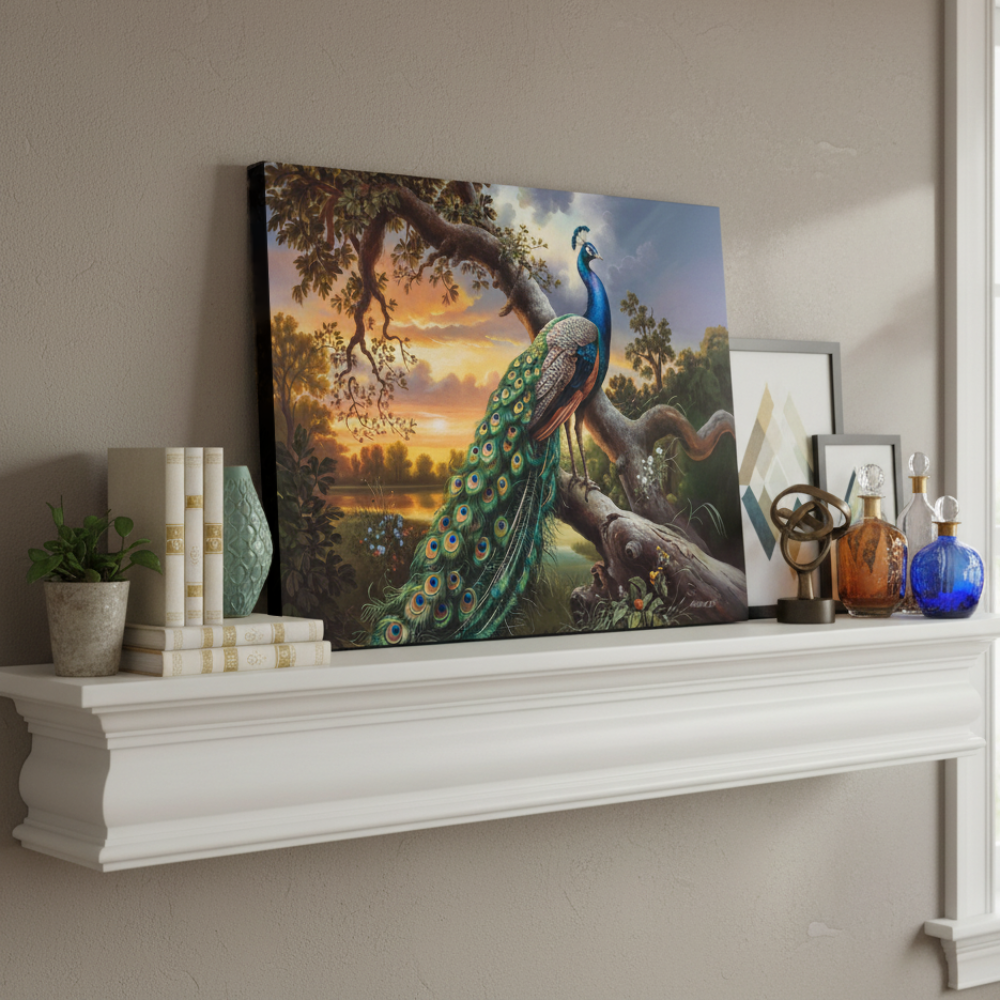 Peacock painting on a white shelf with decorative items