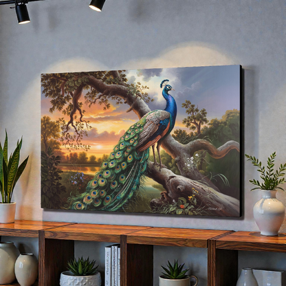 Peacock painting on a wall above a wooden shelf with decorative items.