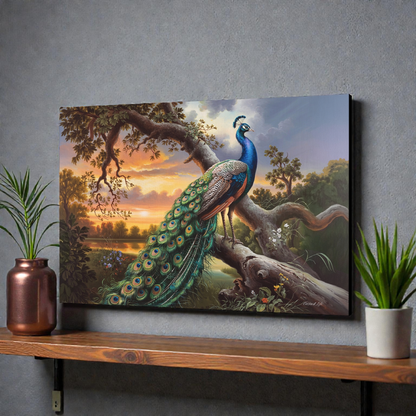 Peacock painting on a wall above a wooden shelf with plants