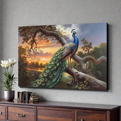 Peacock painting on a wall above a wooden cabinet with decor items.