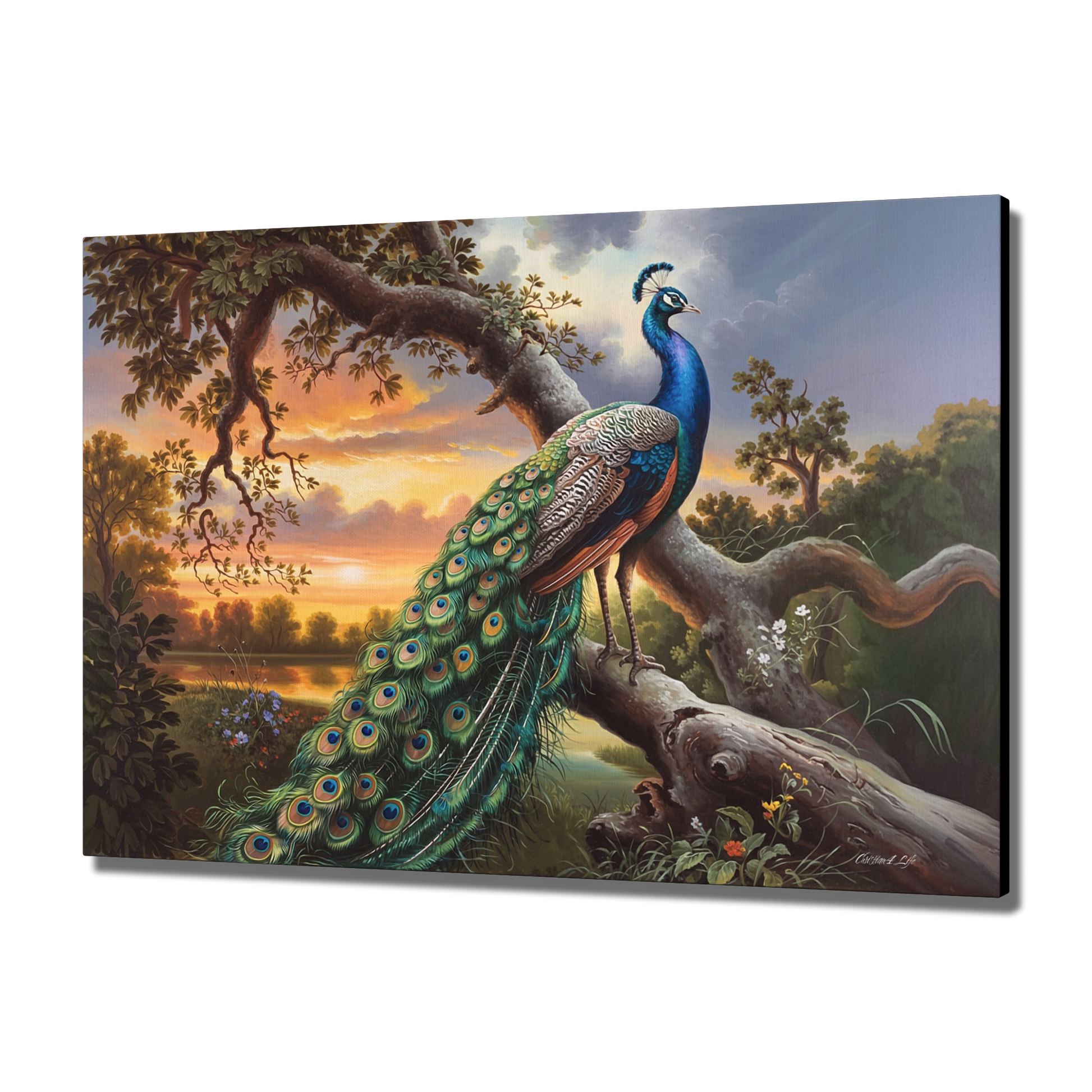 Painting of a peacock perched on a branch with a scenic background