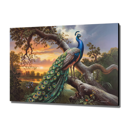 Painting of a peacock perched on a branch with a scenic background