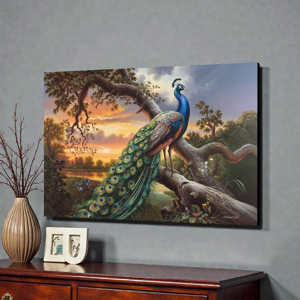 Peacock painting on a wall above a wooden cabinet with decorative items.