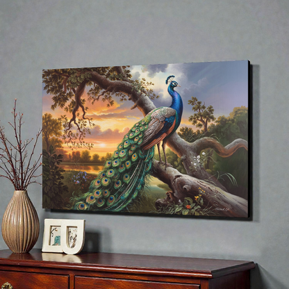 Peacock painting on a wall above a wooden cabinet with decorative items.