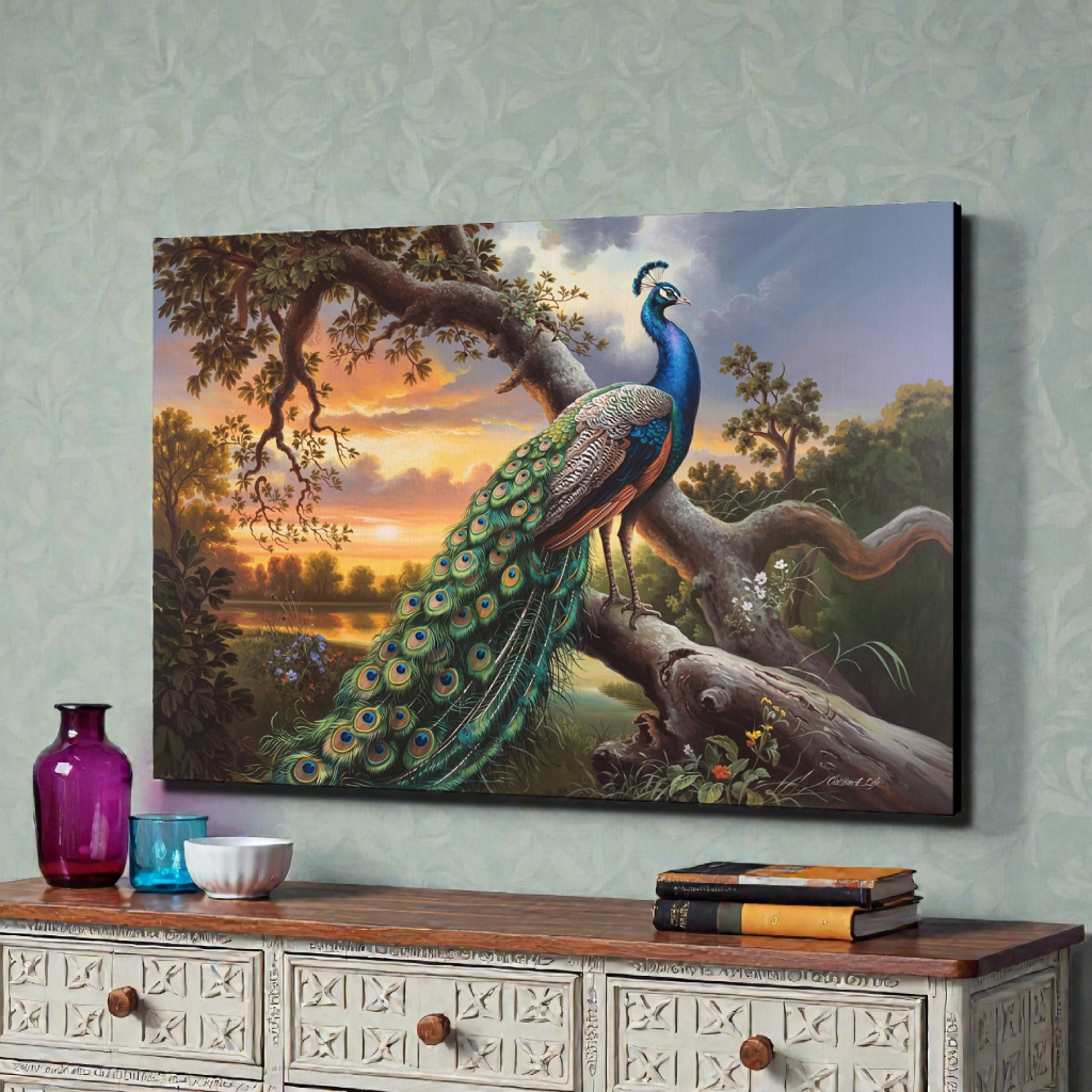 Peacock painting on a wall above a wooden cabinet with decorative items.