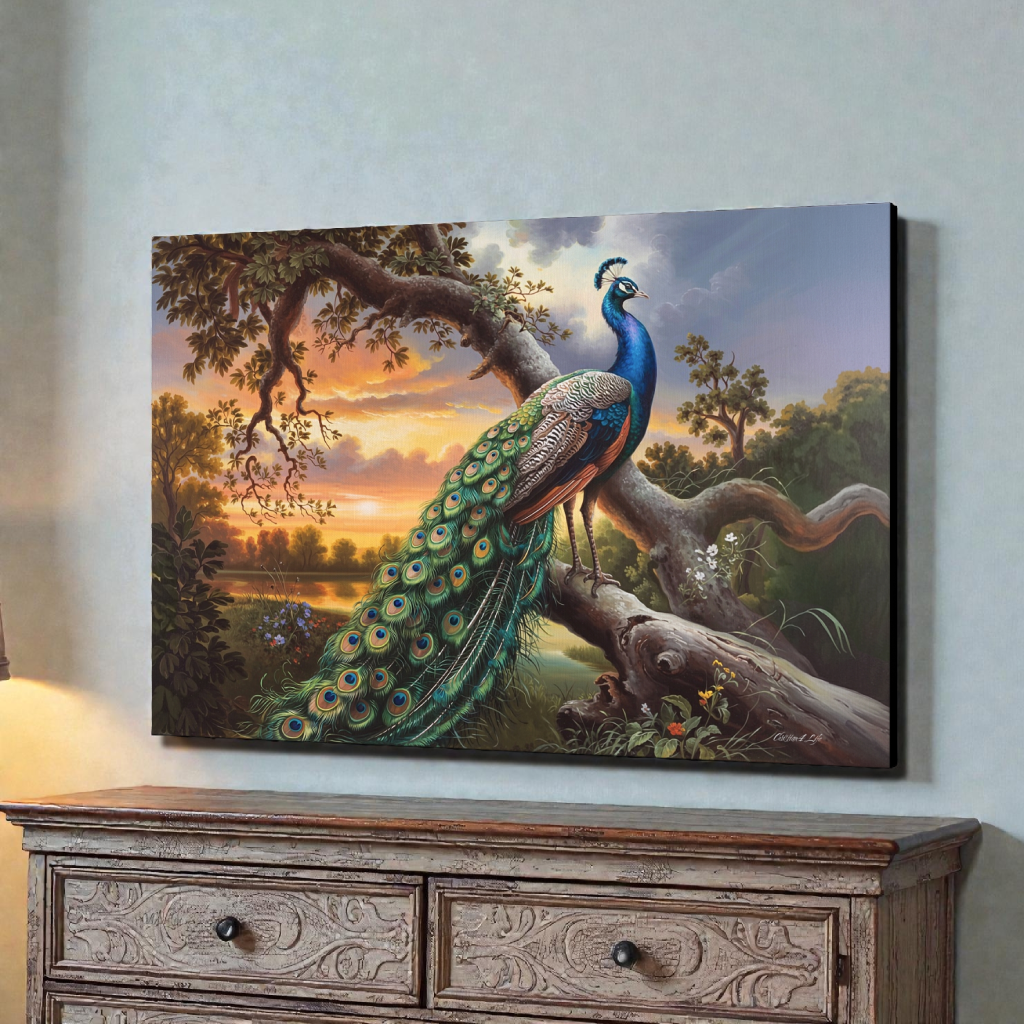 Painting of a peacock on a branch with a scenic background above a wooden cabinet.