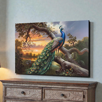 Painting of a peacock on a branch with a scenic background above a wooden cabinet.