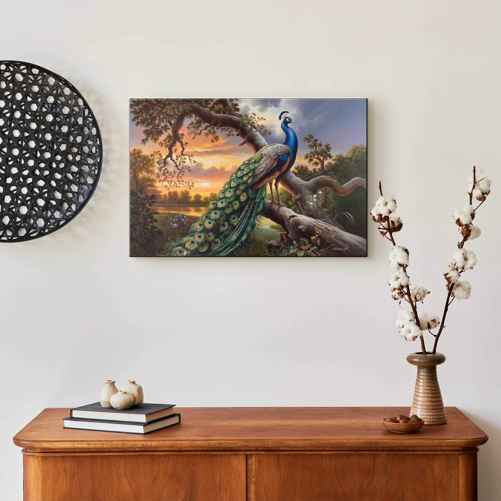Peacock painting on a wall above a wooden cabinet with decorative items.