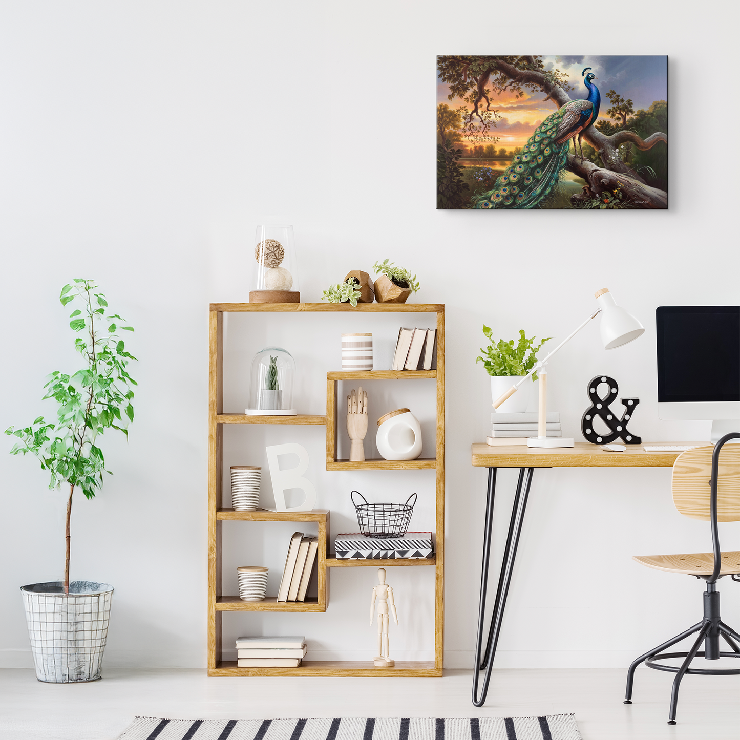 Modern office space with wooden bookshelf, desk, and decorative items.
