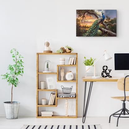 Modern office space with wooden bookshelf, desk, and decorative items.