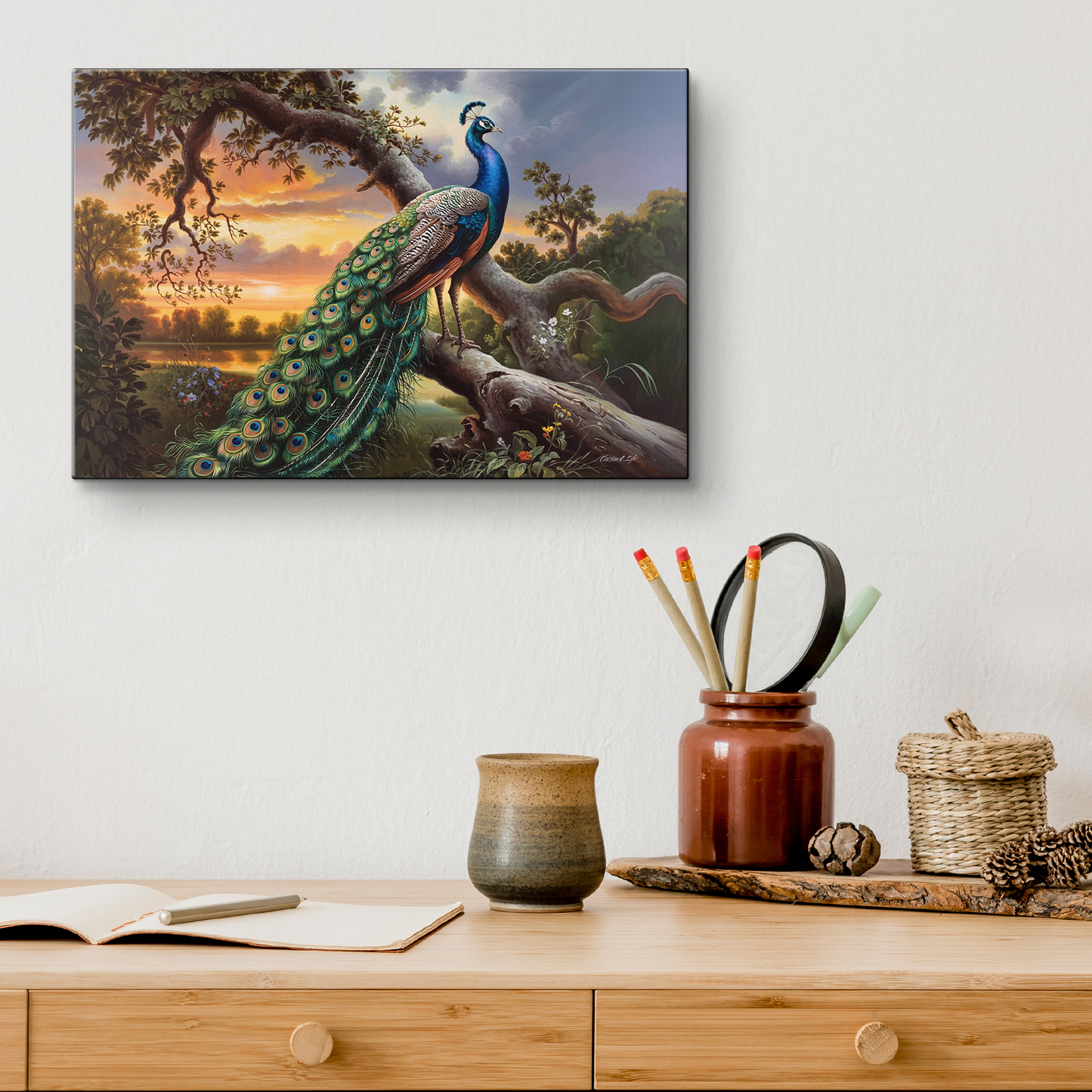 Peacock painting on a wall above a wooden desk with decorative items.