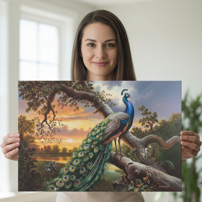 Woman holding a painting of a peacock in a natural setting