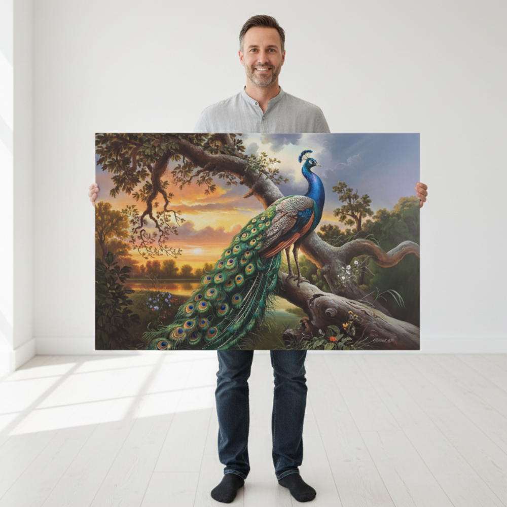 Man holding a large painting of a peacock in a natural setting