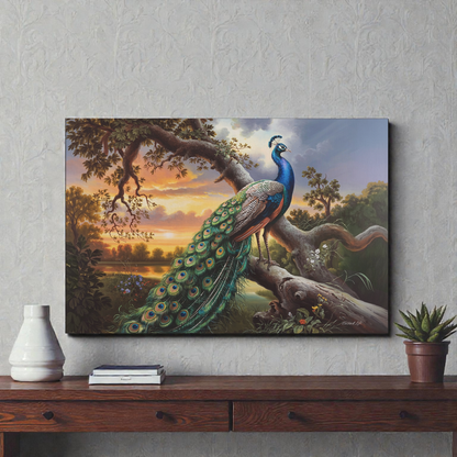 Peacock painting on a wall above a wooden console table with decor items.