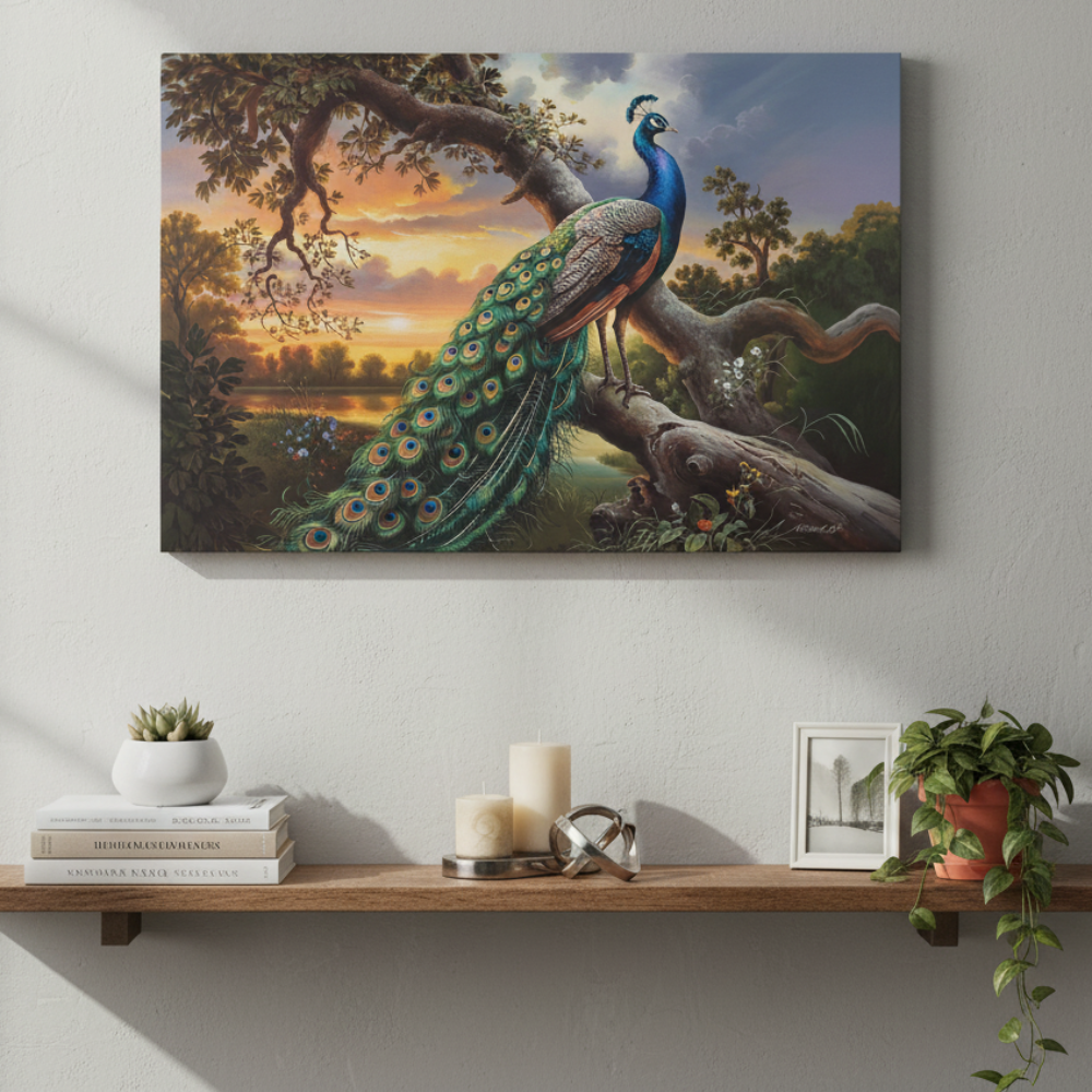 Peacock painting on a wall above a wooden shelf with decor items.