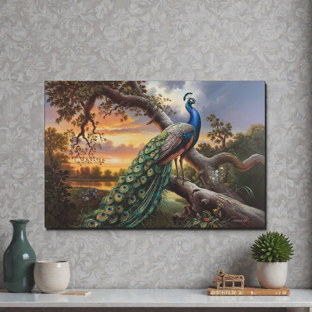 Peacock painting on a wall with decorative items below