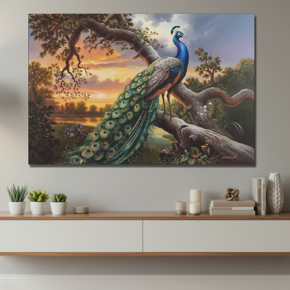 Peacock painting on a wall above a wooden shelf with decorative items.