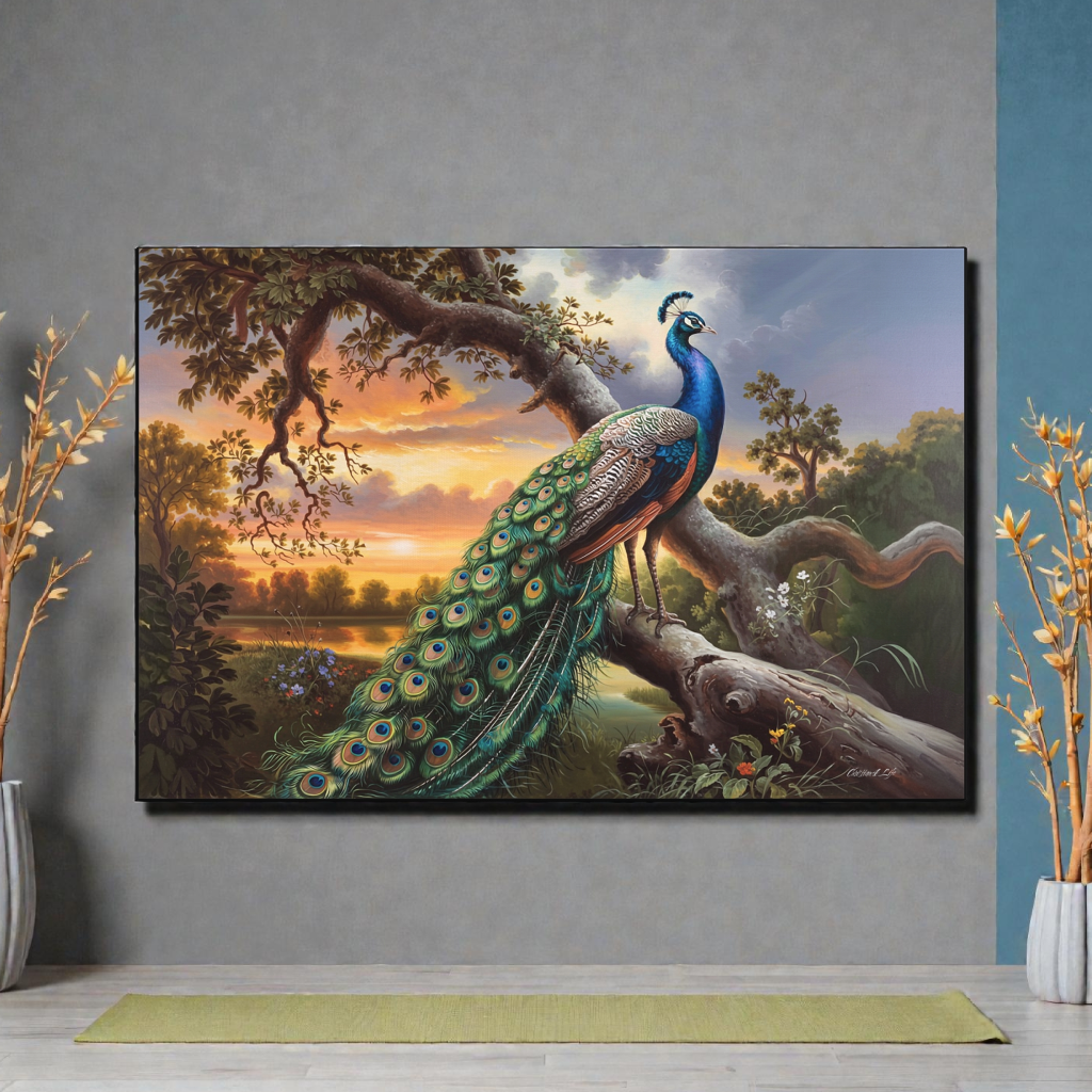 Painting of a peacock in a natural setting on a wall.