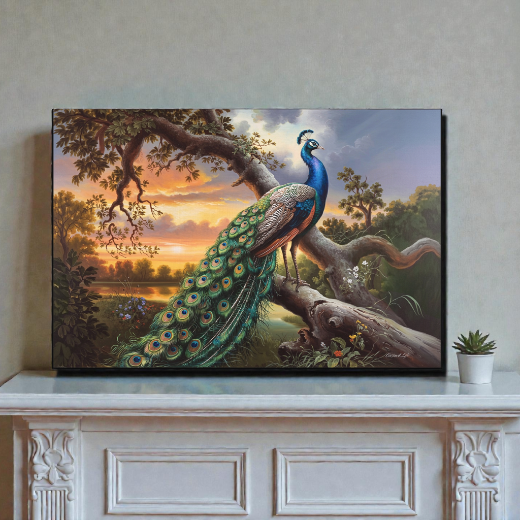 Framed painting of a peacock on a decorative shelf against a wall.