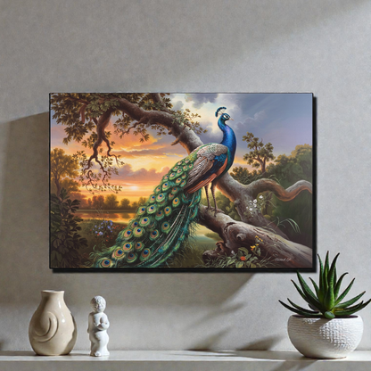 Peacock painting on a wall with decorative vases and a statue below