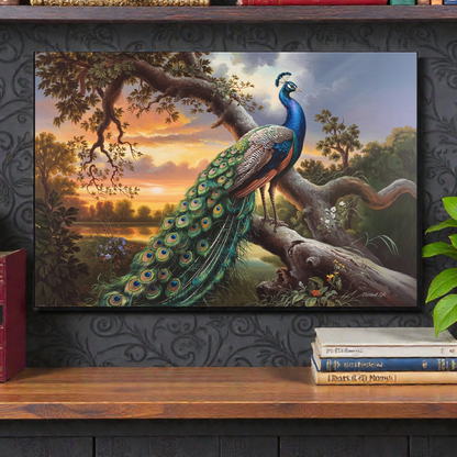 Framed painting of a peacock in a natural setting on a shelf with books and a plant.