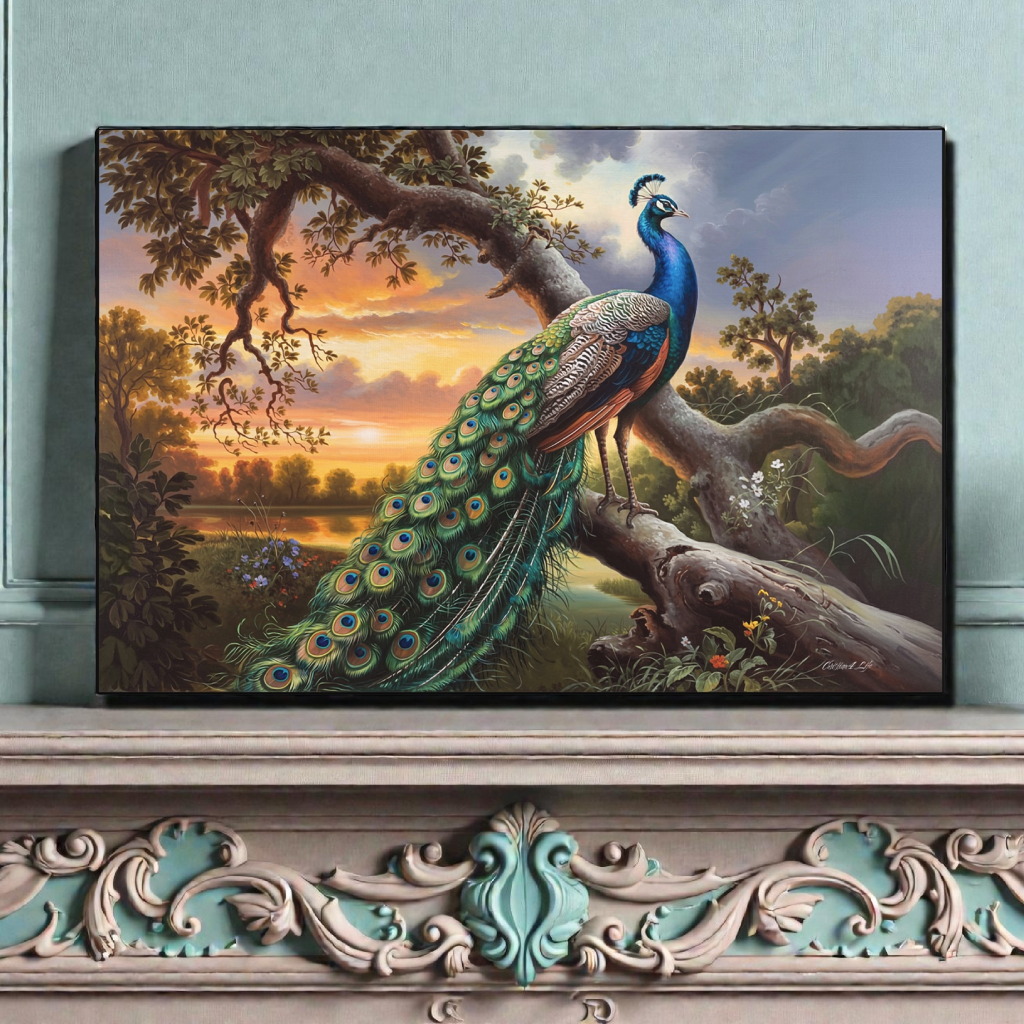 Peacock painting on a wall above an ornate fireplace mantle.