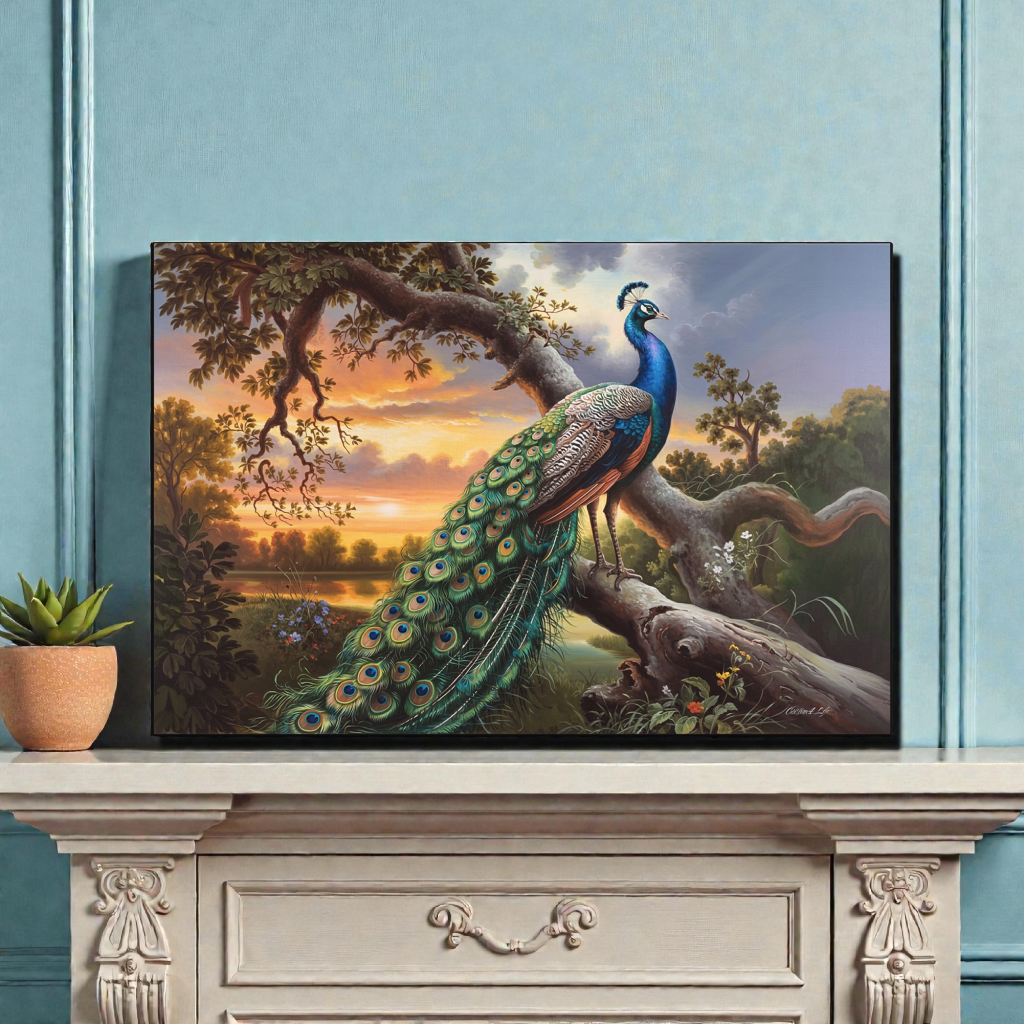 Framed painting of a peacock on a decorative fireplace mantle.