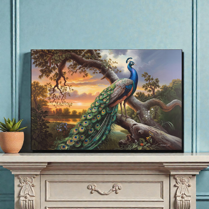 Framed painting of a peacock on a decorative fireplace mantle.
