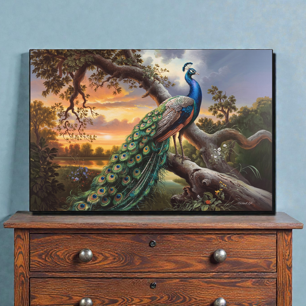 Peacock painting on a wooden dresser against a blue wall
