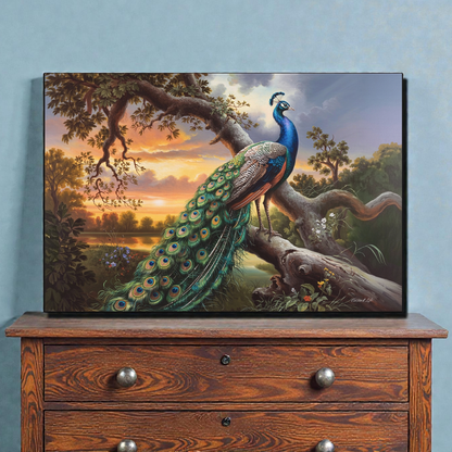 Peacock painting on a wooden dresser against a blue wall