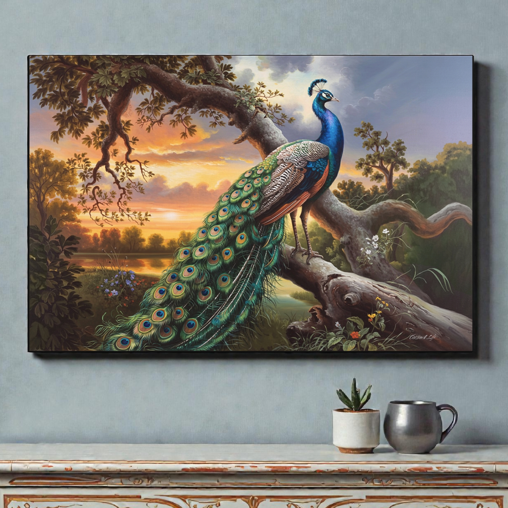 Painting of a peacock on a branch with a scenic background, displayed on a wall above a console table.
