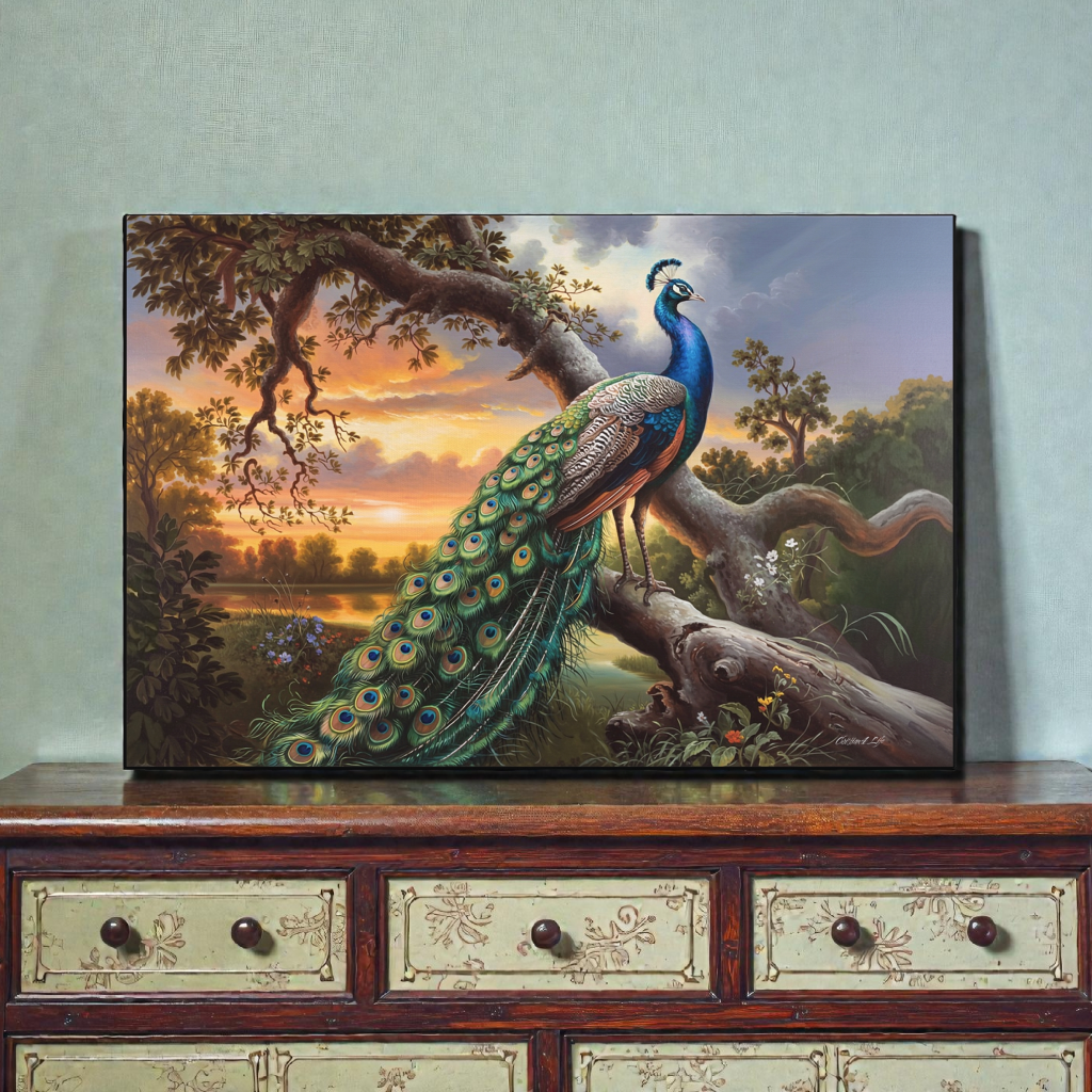 Painting of a peacock on a wooden cabinet against a light gray wall