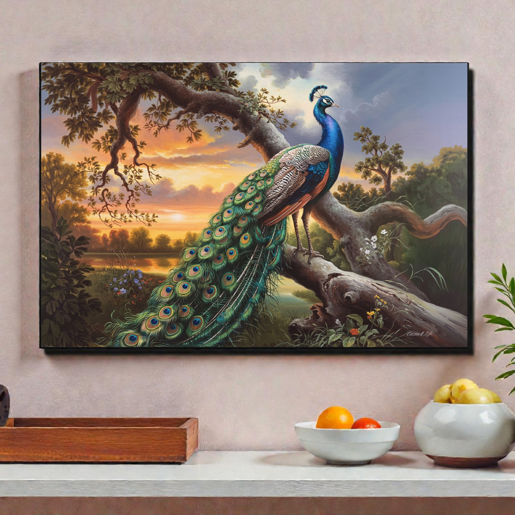 Peacock painting on a wall above a counter with fruit bowls.